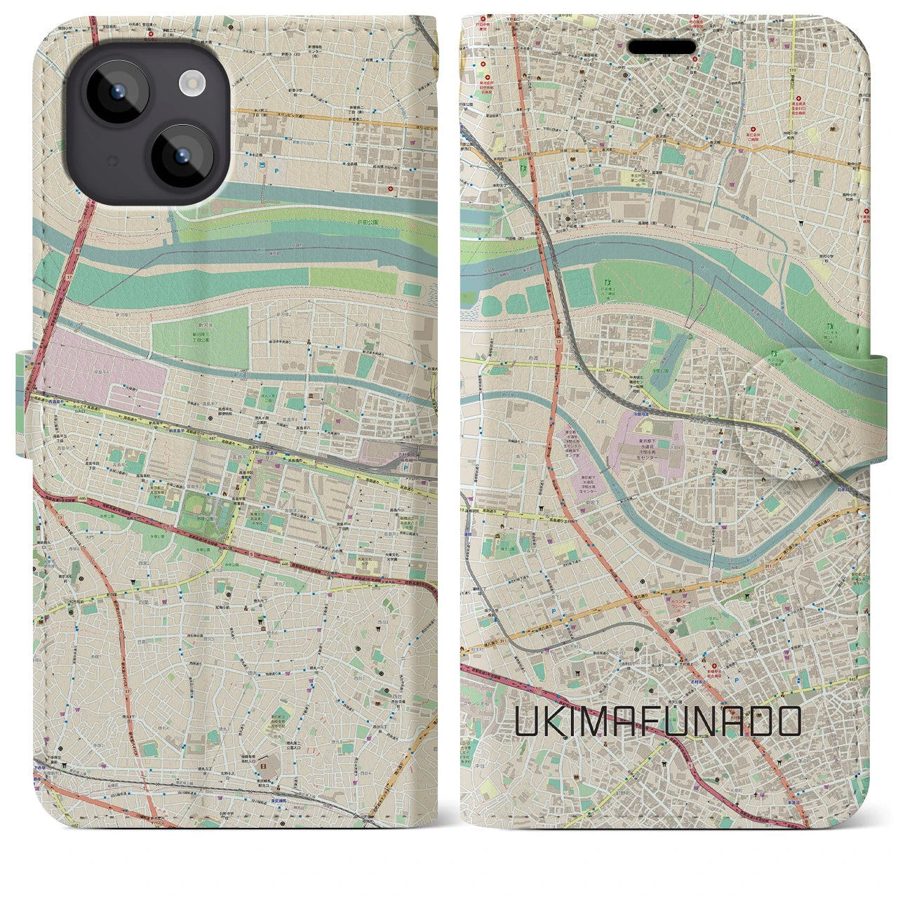 【浮間舟渡(東京都)】地図柄iPhoneケース(手帳タイプ)ナチュラル・iPhone 14 Plus 用