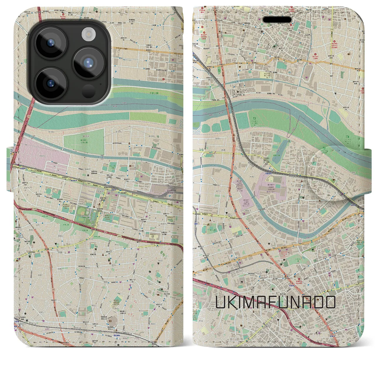 【浮間舟渡(東京都)】地図柄iPhoneケース(手帳タイプ)ナチュラル・iPhone 15 Pro Max 用
