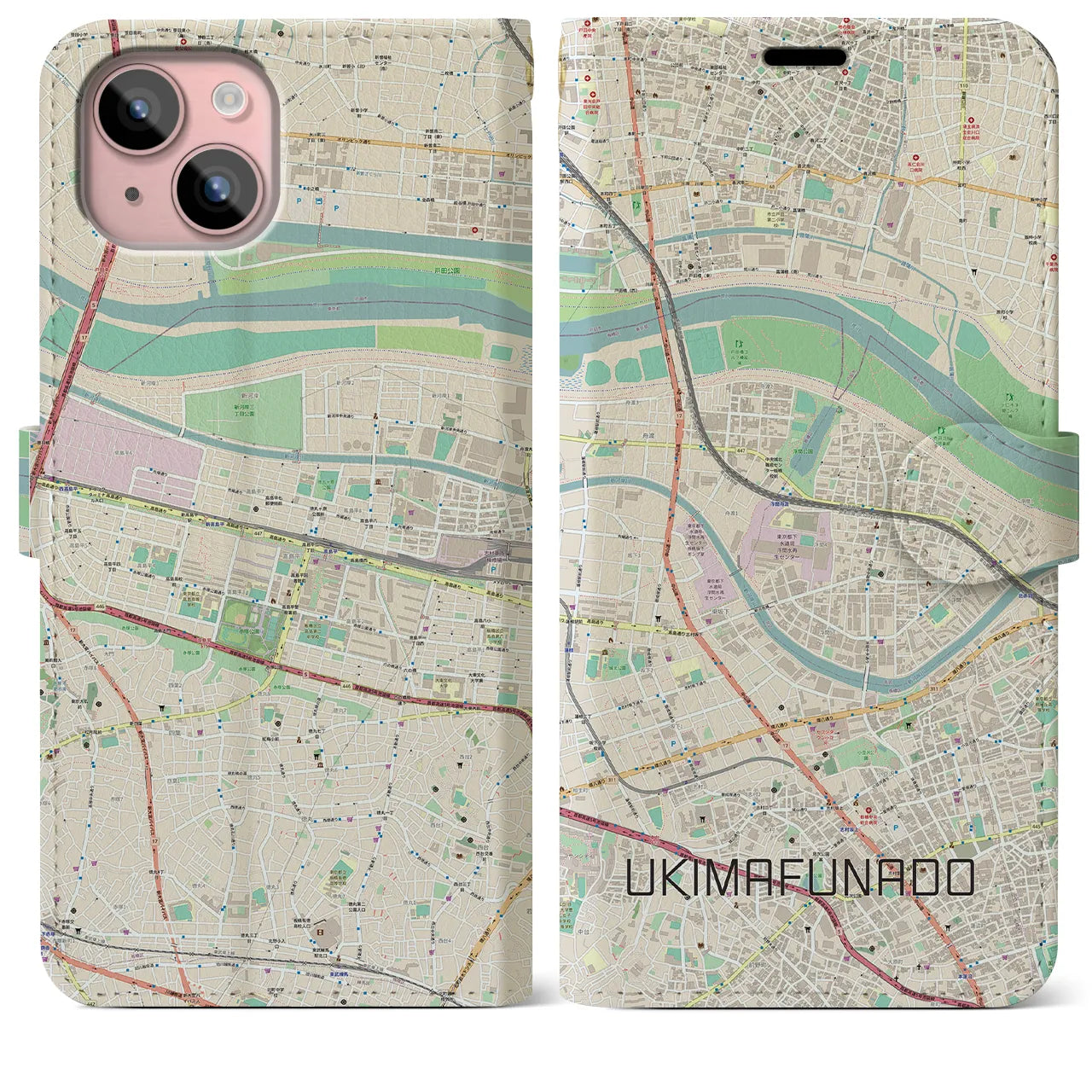 【浮間舟渡(東京都)】地図柄iPhoneケース(手帳タイプ)ナチュラル・iPhone 15 Plus 用