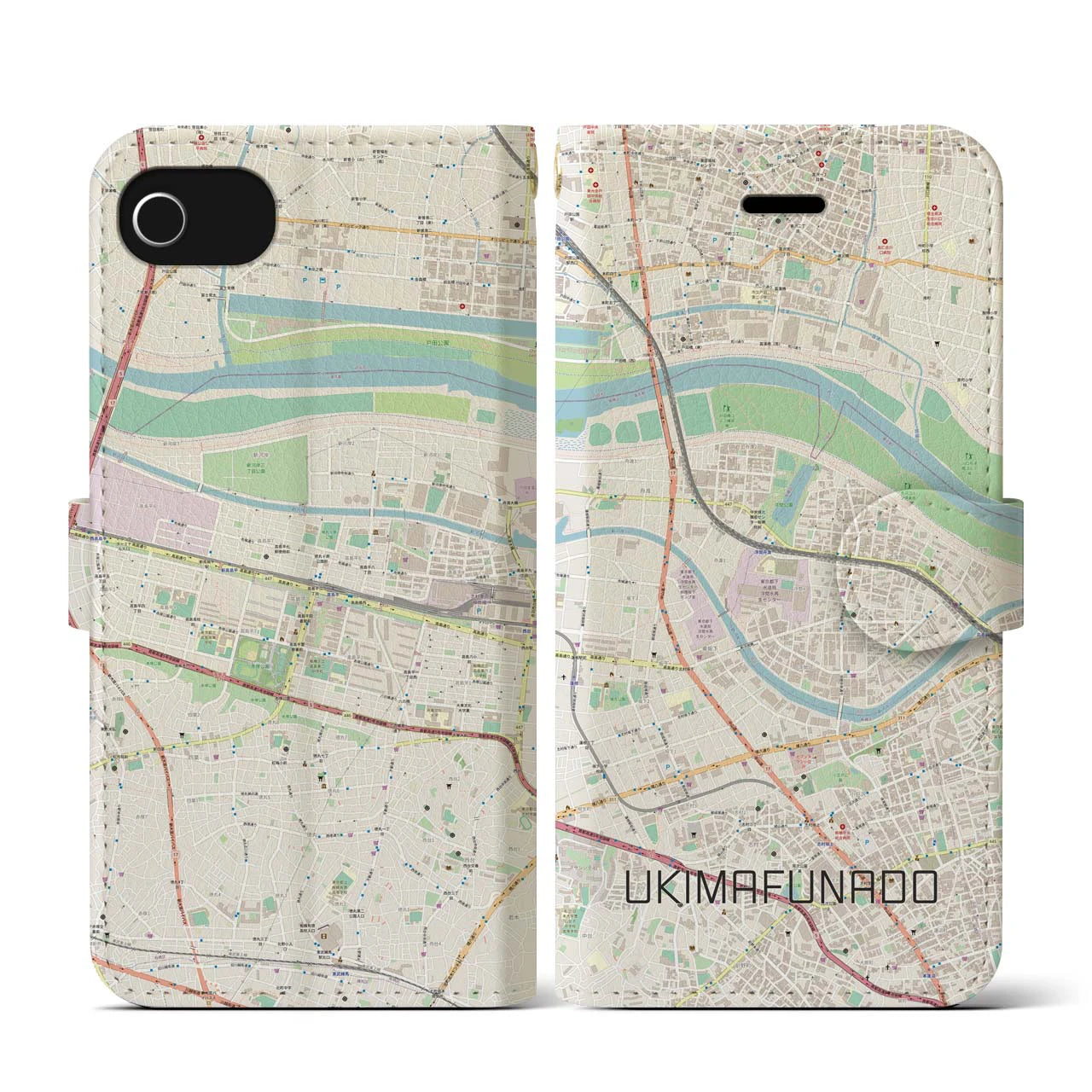 【浮間舟渡(東京都)】地図柄iPhoneケース(手帳タイプ)ナチュラル・iPhone SE(第3 / 第2世代) / 8 / 7 / 6s / 6 用