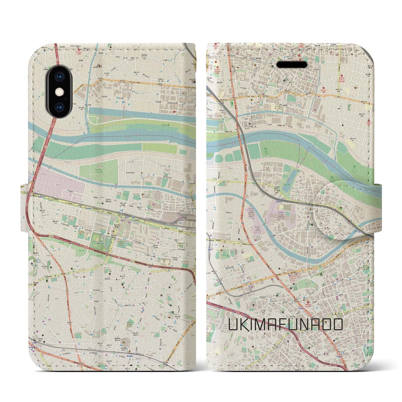 【浮間舟渡(東京都)】地図柄iPhoneケース(手帳タイプ)ナチュラル・iPhone XS / X 用