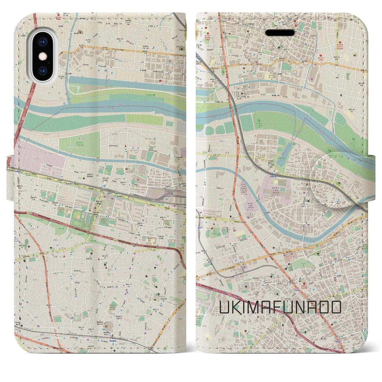 【浮間舟渡(東京都)】地図柄iPhoneケース(手帳タイプ)ナチュラル・iPhone XS Max 用