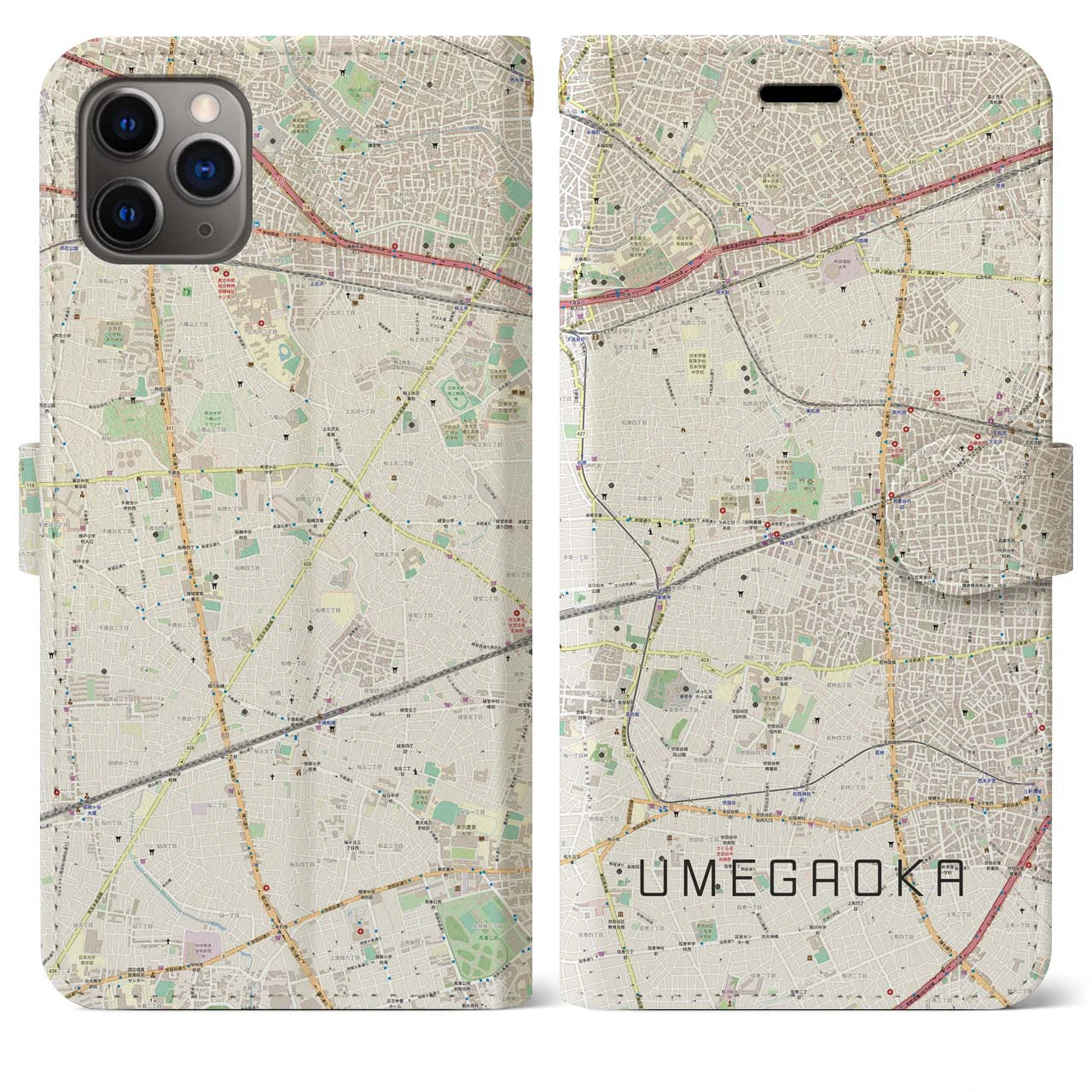 【梅ヶ丘(東京都)】地図柄iPhoneケース(手帳タイプ)ナチュラル・iPhone 11 Pro Max 用