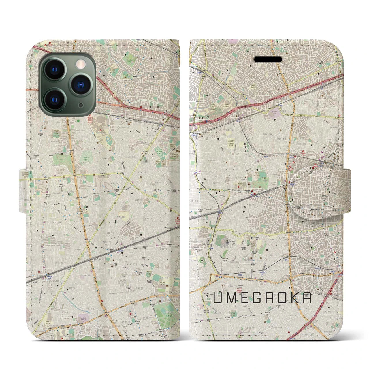 【梅ヶ丘(東京都)】地図柄iPhoneケース(手帳タイプ)ナチュラル・iPhone 11 Pro 用