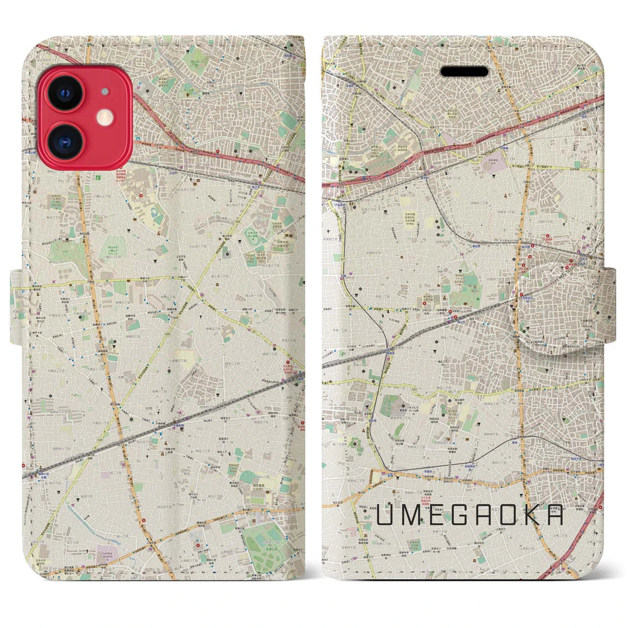 【梅ヶ丘(東京都)】地図柄iPhoneケース(手帳タイプ)ナチュラル・iPhone 11 用