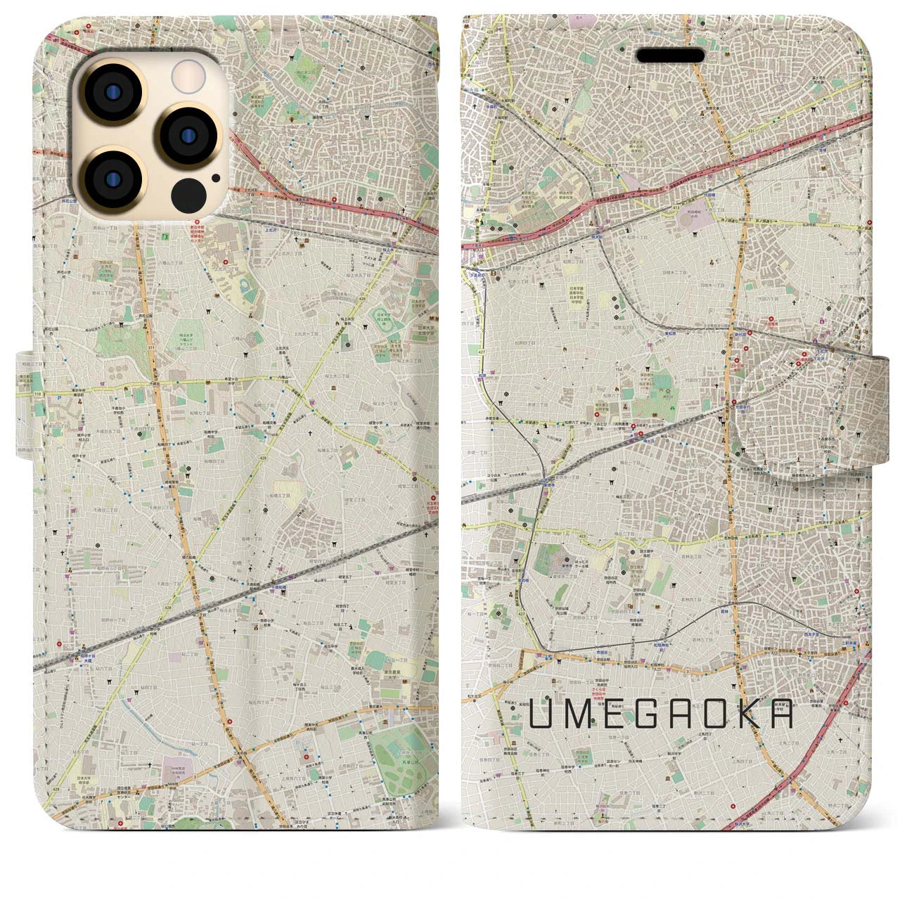 【梅ヶ丘(東京都)】地図柄iPhoneケース(手帳タイプ)ナチュラル・iPhone 12 Pro Max 用