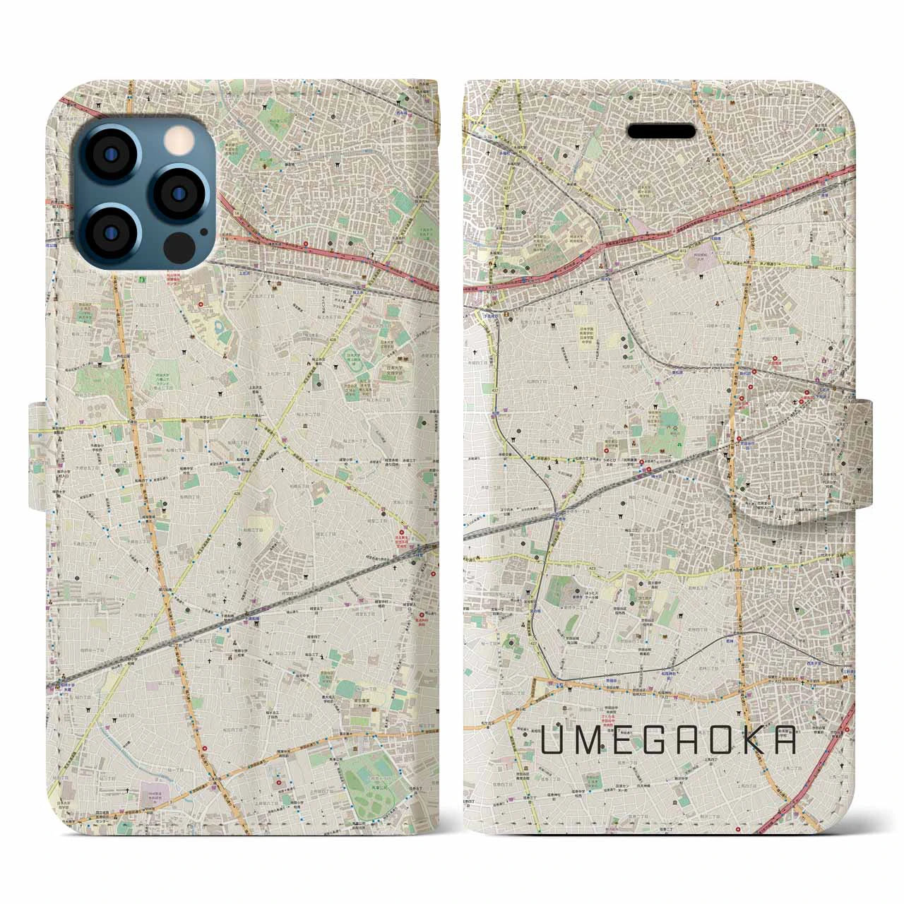 【梅ヶ丘(東京都)】地図柄iPhoneケース(手帳タイプ)ナチュラル・iPhone 12 / 12 Pro 用