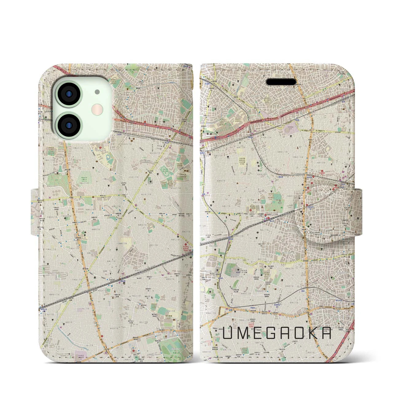 【梅ヶ丘(東京都)】地図柄iPhoneケース(手帳タイプ)ナチュラル・iPhone 12 mini 用