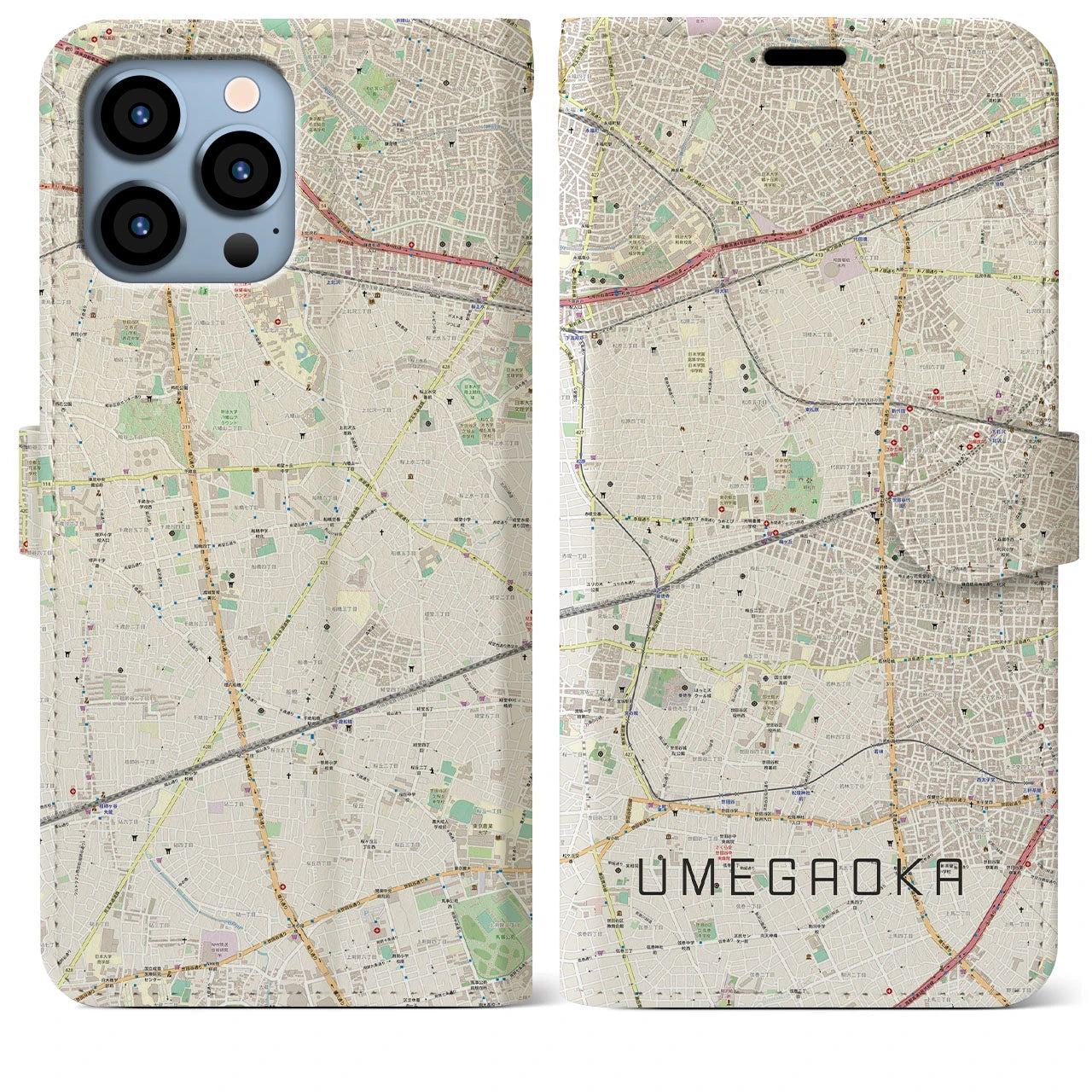 【梅ヶ丘(東京都)】地図柄iPhoneケース(手帳タイプ)ナチュラル・iPhone 13 Pro Max 用