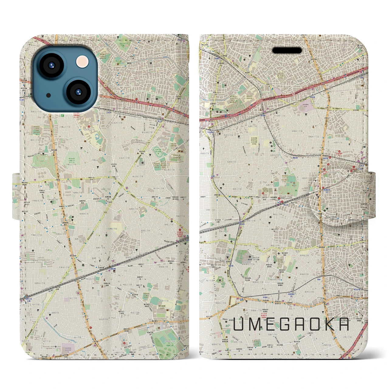 【梅ヶ丘(東京都)】地図柄iPhoneケース(手帳タイプ)ナチュラル・iPhone 13 用