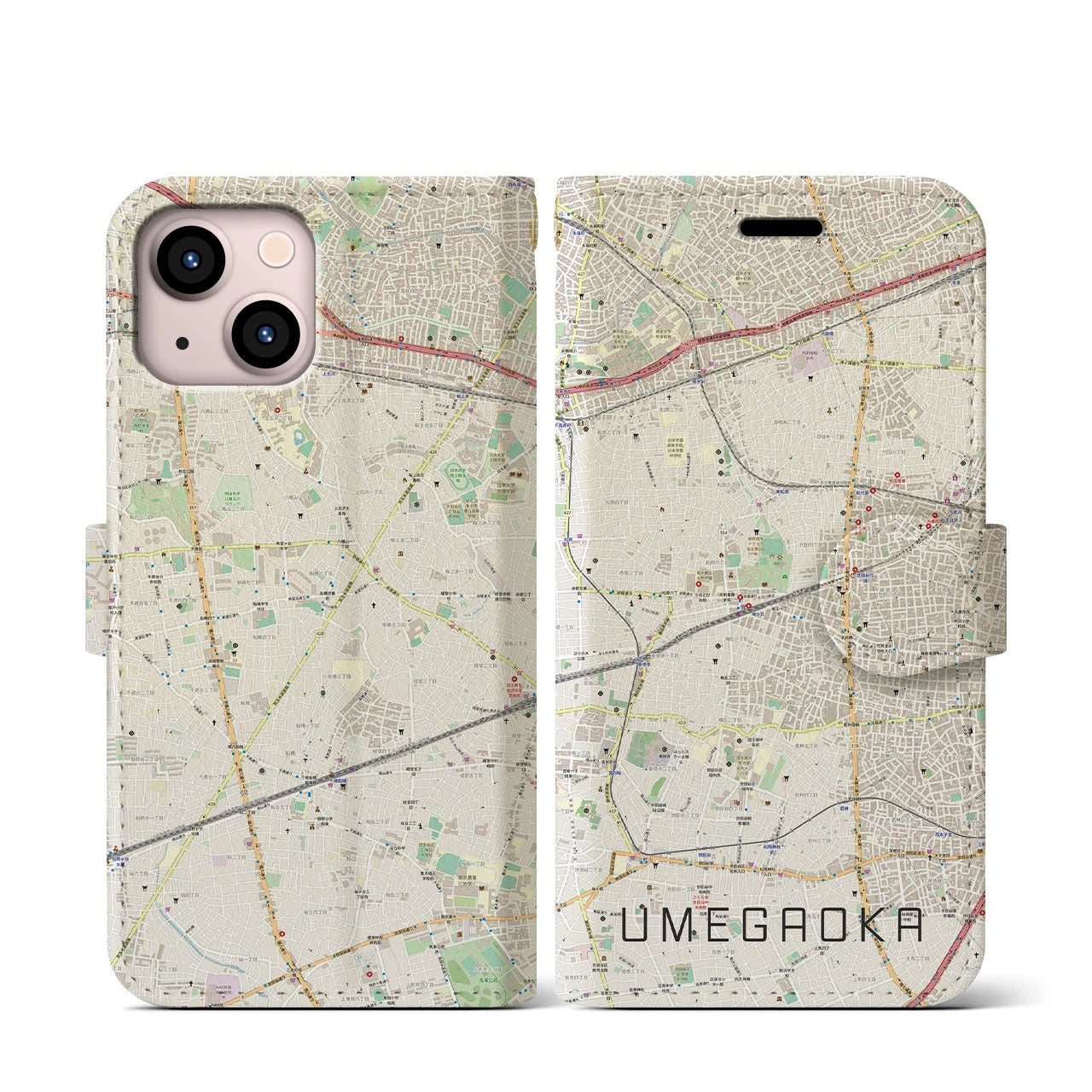 【梅ヶ丘(東京都)】地図柄iPhoneケース(手帳タイプ)ナチュラル・iPhone 13 mini 用