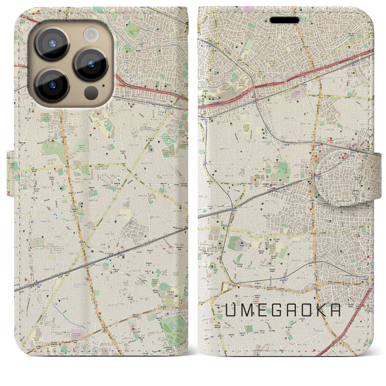【梅ヶ丘(東京都)】地図柄iPhoneケース(手帳タイプ)ナチュラル・iPhone 14 Pro Max 用