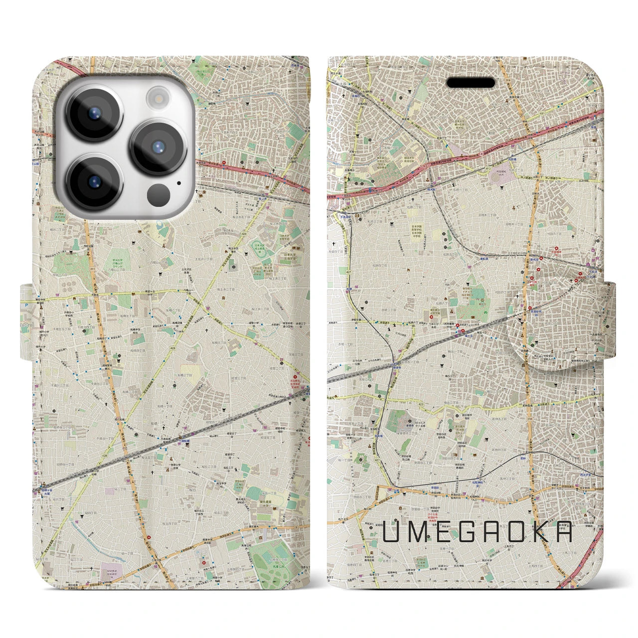 【梅ヶ丘(東京都)】地図柄iPhoneケース(手帳タイプ)ナチュラル・iPhone 14 Pro 用