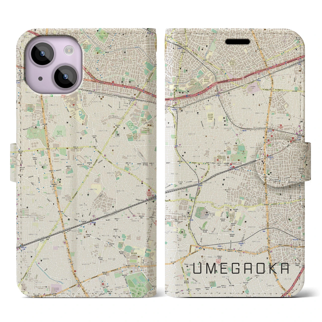【梅ヶ丘(東京都)】地図柄iPhoneケース(手帳タイプ)ナチュラル・iPhone 14 用