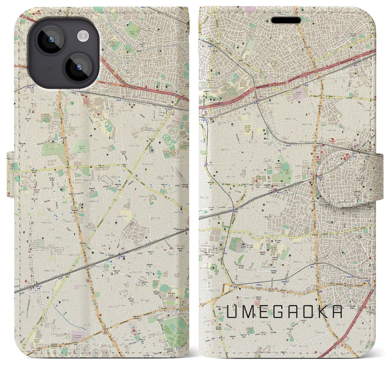 【梅ヶ丘(東京都)】地図柄iPhoneケース(手帳タイプ)ナチュラル・iPhone 14 Plus 用