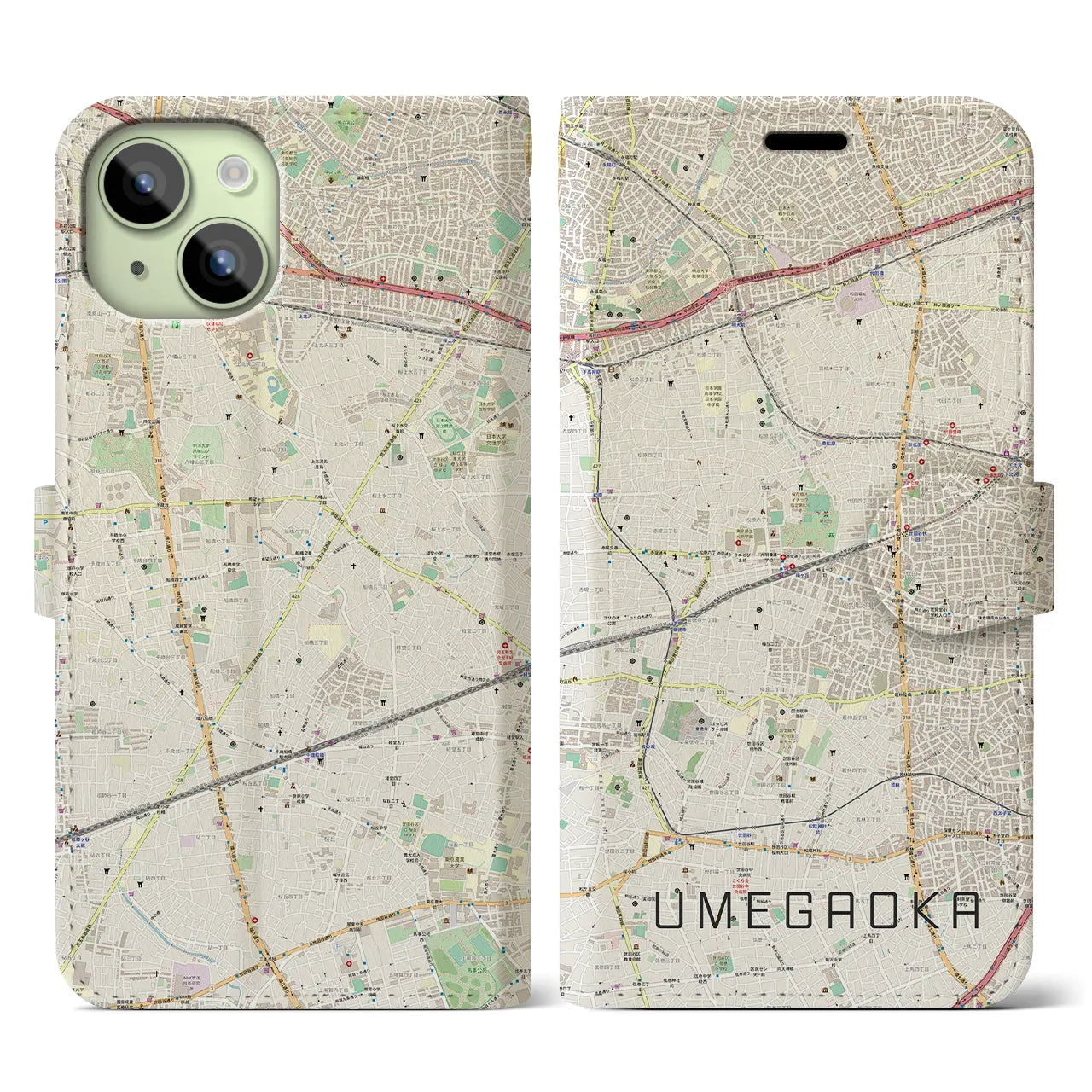 【梅ヶ丘(東京都)】地図柄iPhoneケース(手帳タイプ)ナチュラル・iPhone 15 用