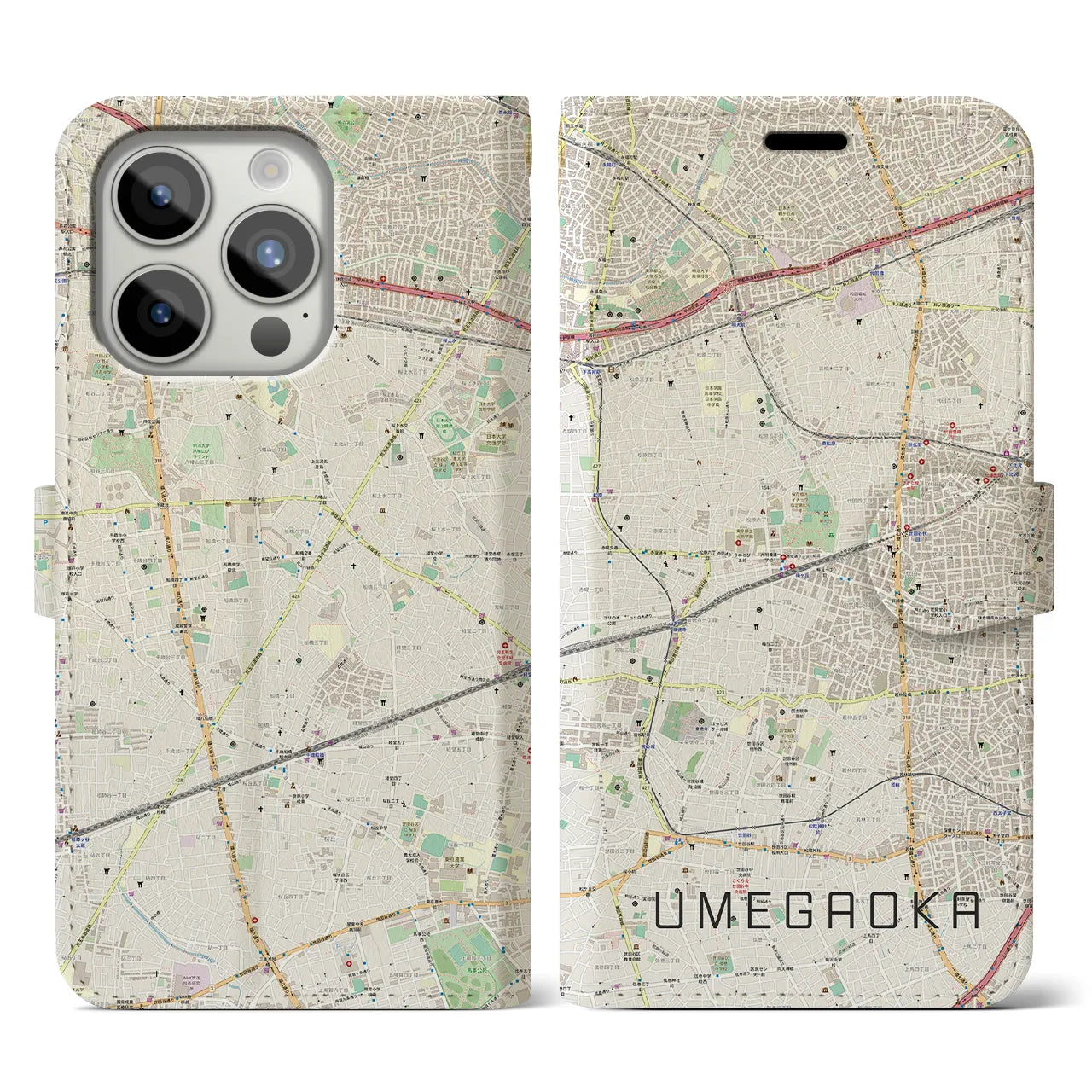 【梅ヶ丘(東京都)】地図柄iPhoneケース(手帳タイプ)ナチュラル・iPhone 15 Pro 用