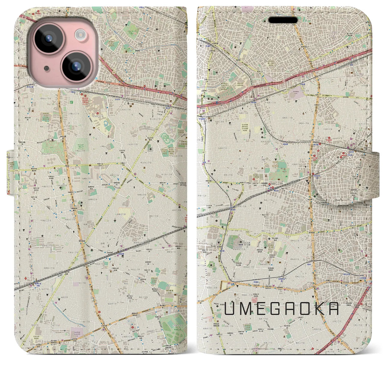 【梅ヶ丘(東京都)】地図柄iPhoneケース(手帳タイプ)ナチュラル・iPhone 15 Plus 用