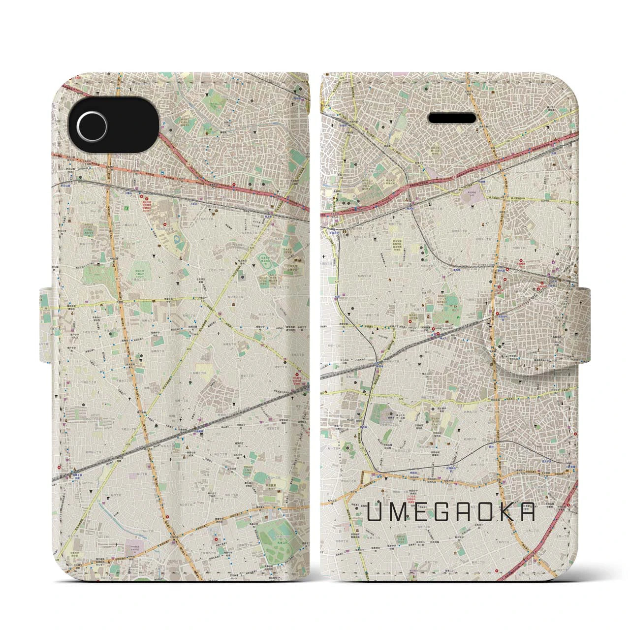 【梅ヶ丘(東京都)】地図柄iPhoneケース(手帳タイプ)ナチュラル・iPhone SE(第3 / 第2世代) / 8 / 7 / 6s / 6 用