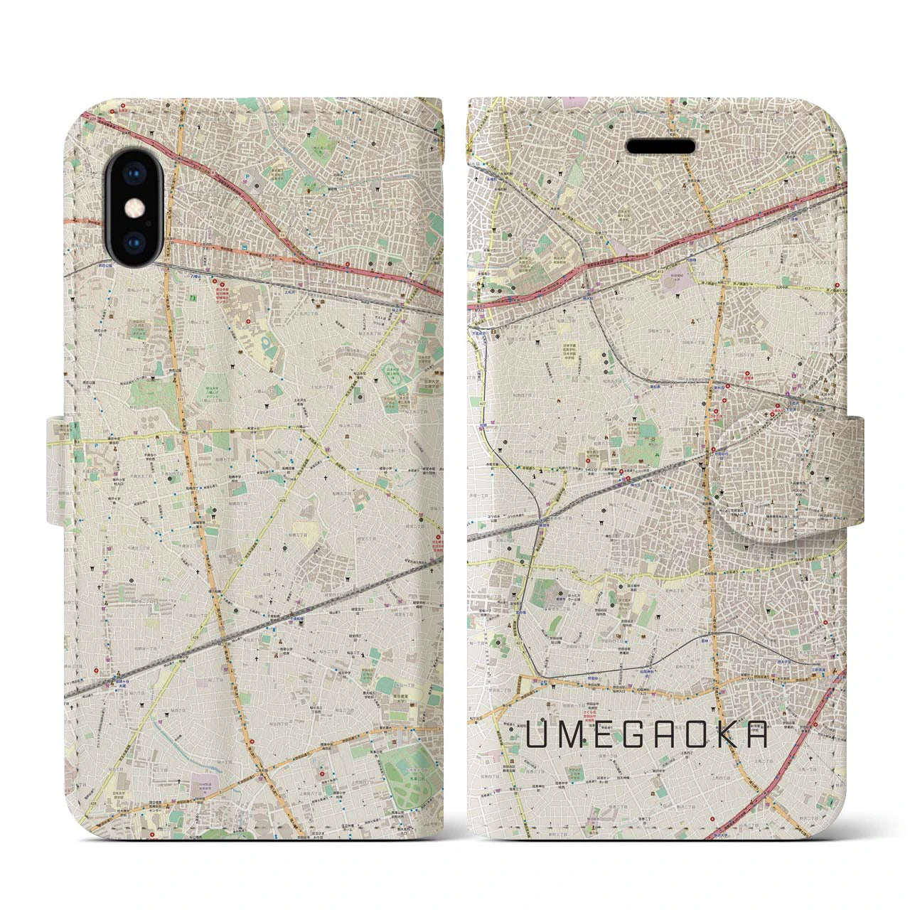【梅ヶ丘(東京都)】地図柄iPhoneケース(手帳タイプ)ナチュラル・iPhone XS / X 用