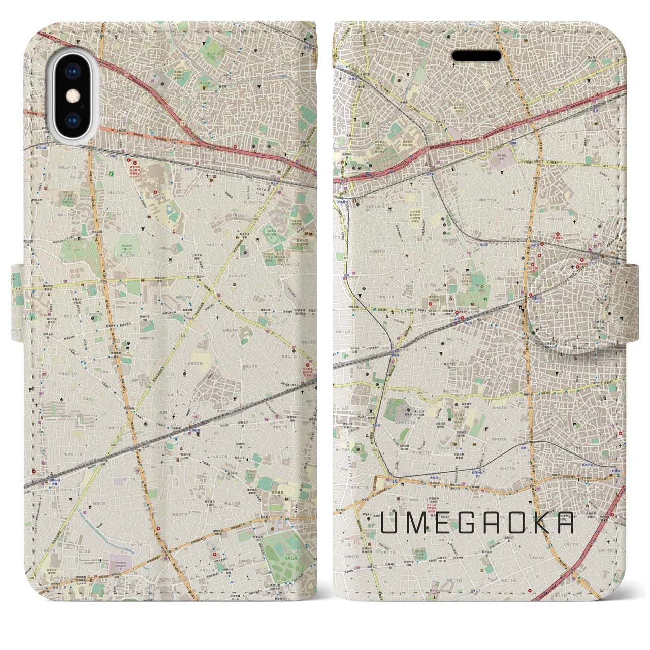 【梅ヶ丘(東京都)】地図柄iPhoneケース(手帳タイプ)ナチュラル・iPhone XS Max 用