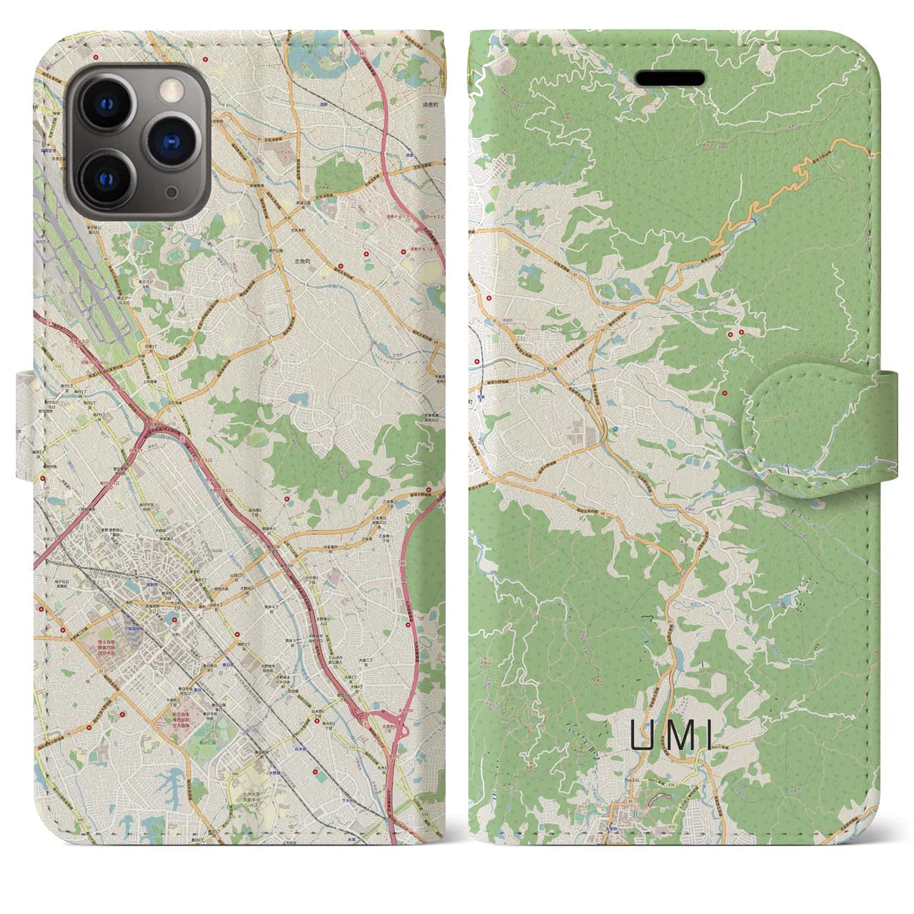 【宇美(福岡県)】地図柄iPhoneケース(手帳タイプ)ナチュラル・iPhone 11 Pro Max 用