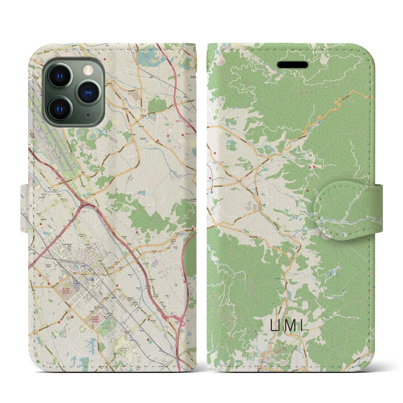 【宇美(福岡県)】地図柄iPhoneケース(手帳タイプ)ナチュラル・iPhone 11 Pro 用