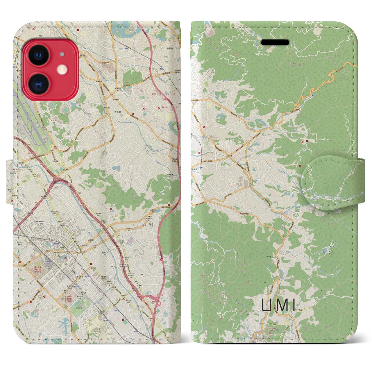【宇美(福岡県)】地図柄iPhoneケース(手帳タイプ)ナチュラル・iPhone 11 用