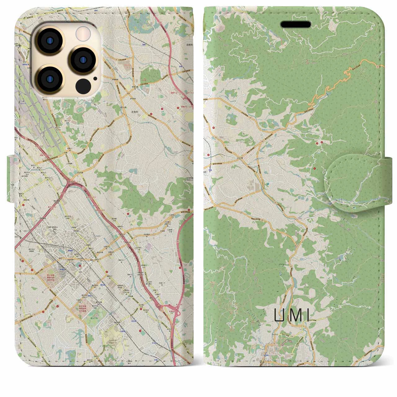 【宇美(福岡県)】地図柄iPhoneケース(手帳タイプ)ナチュラル・iPhone 12 Pro Max 用