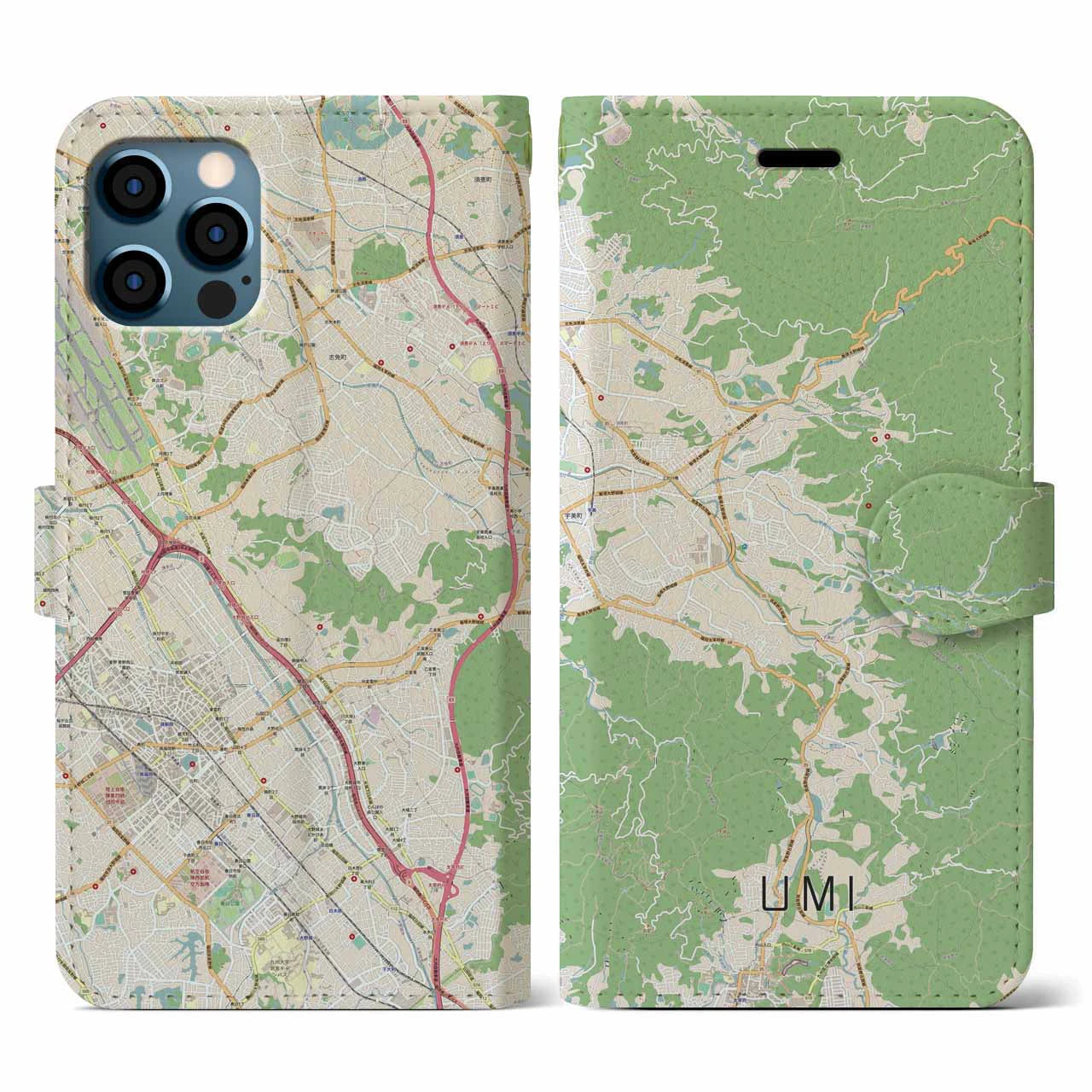 【宇美(福岡県)】地図柄iPhoneケース(手帳タイプ)ナチュラル・iPhone 12 / 12 Pro 用