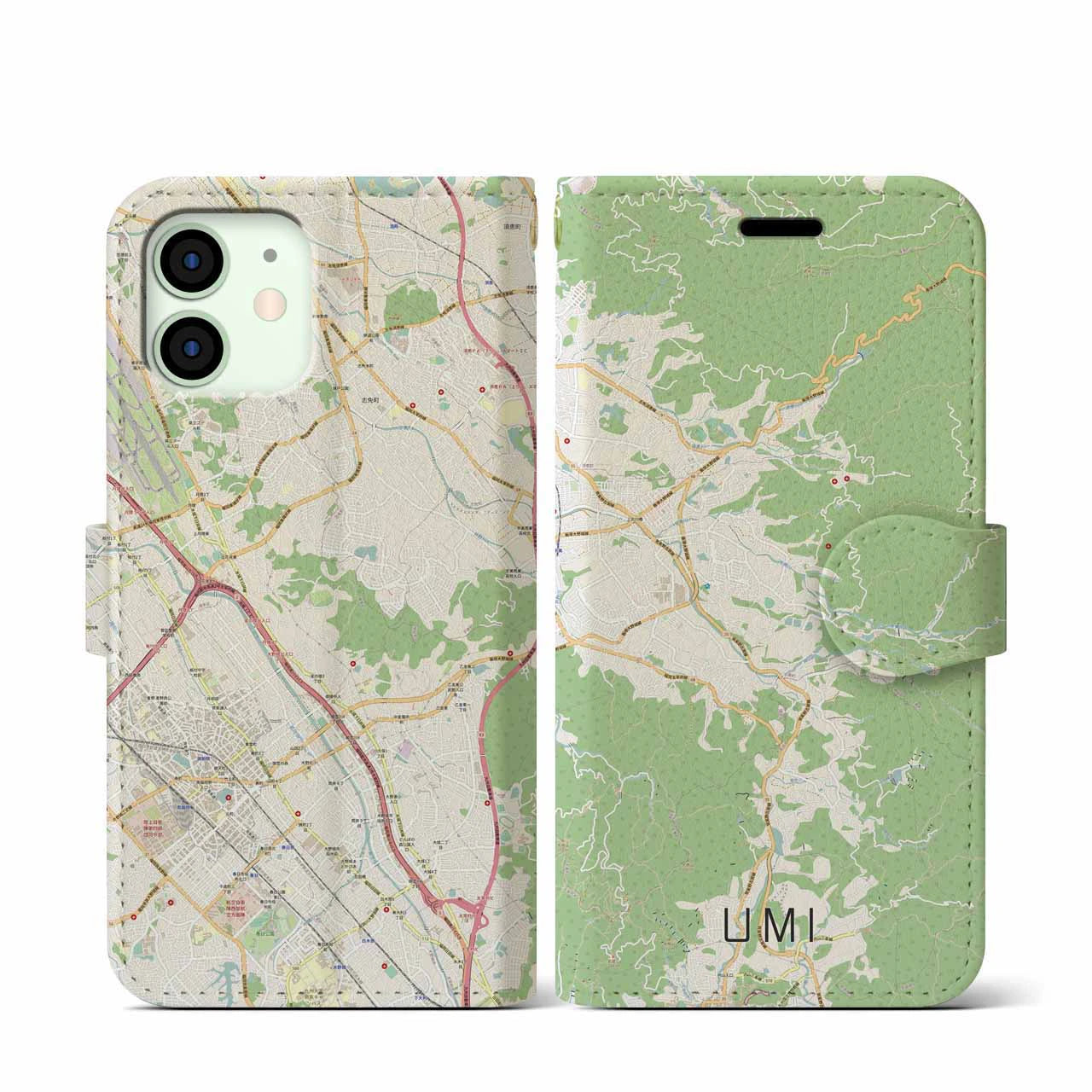 【宇美(福岡県)】地図柄iPhoneケース(手帳タイプ)ナチュラル・iPhone 12 mini 用