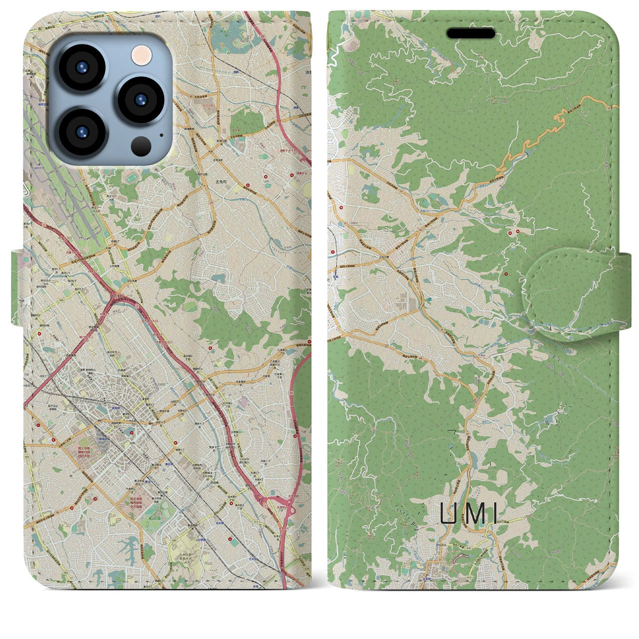 【宇美(福岡県)】地図柄iPhoneケース(手帳タイプ)ナチュラル・iPhone 13 Pro Max 用