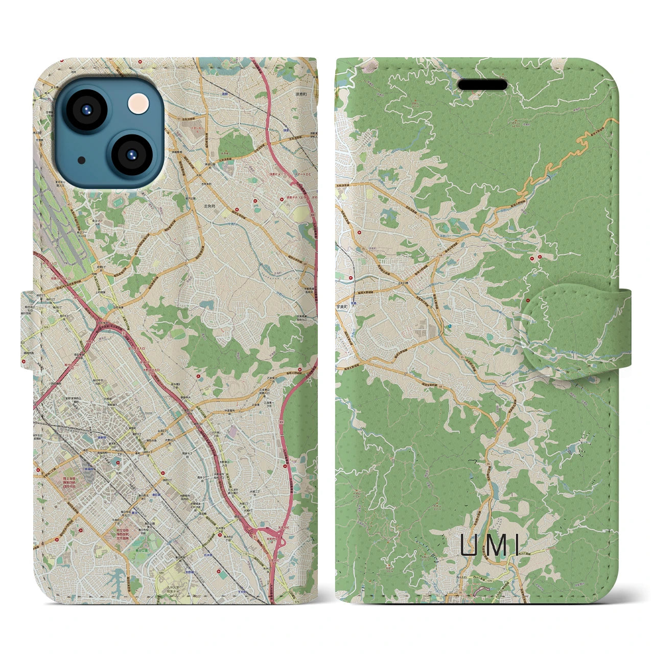 【宇美(福岡県)】地図柄iPhoneケース(手帳タイプ)ナチュラル・iPhone 13 用