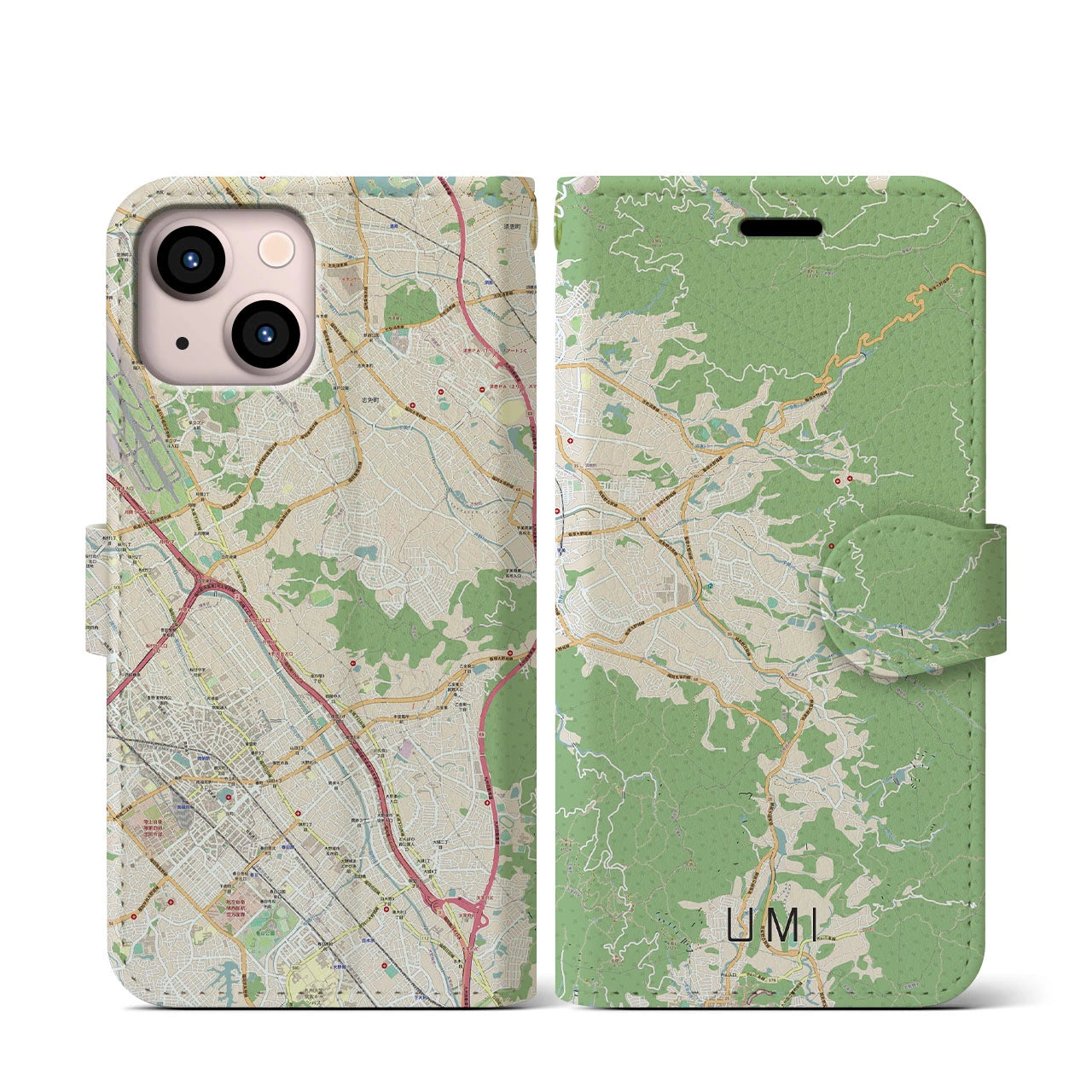 【宇美(福岡県)】地図柄iPhoneケース(手帳タイプ)ナチュラル・iPhone 13 mini 用