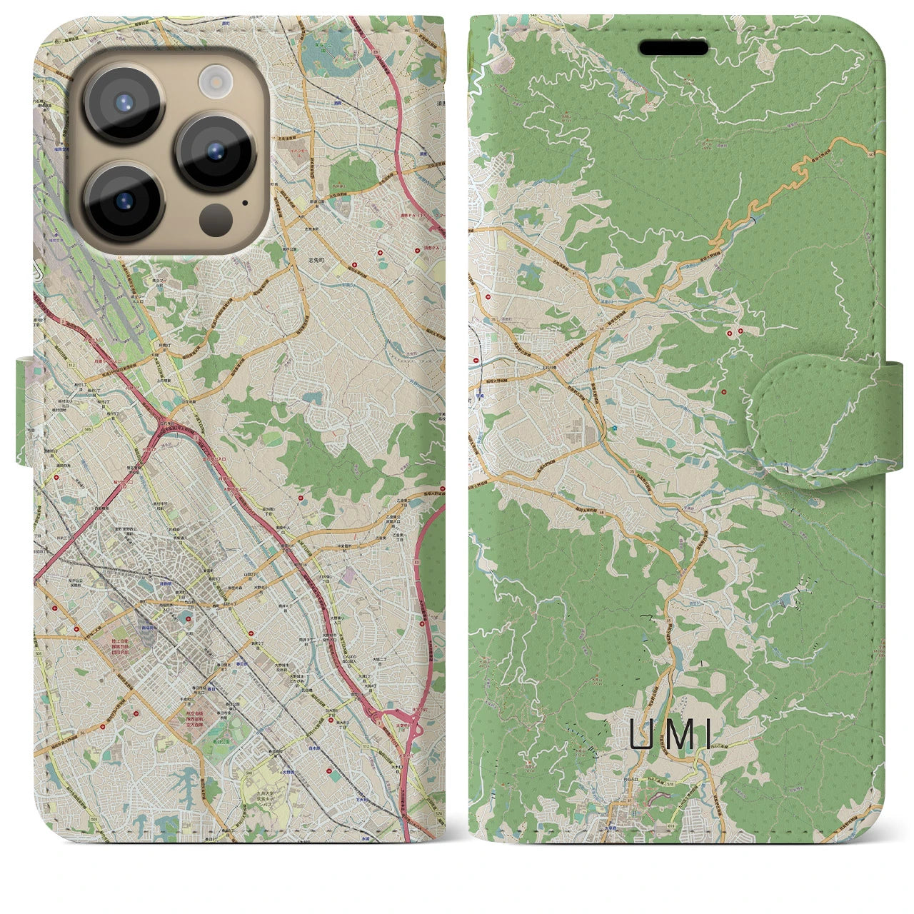 【宇美(福岡県)】地図柄iPhoneケース(手帳タイプ)ナチュラル・iPhone 14 Pro Max 用