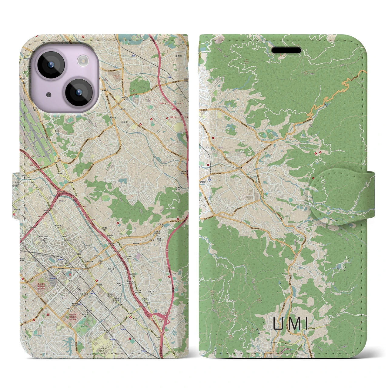 【宇美(福岡県)】地図柄iPhoneケース(手帳タイプ)ナチュラル・iPhone 14 用