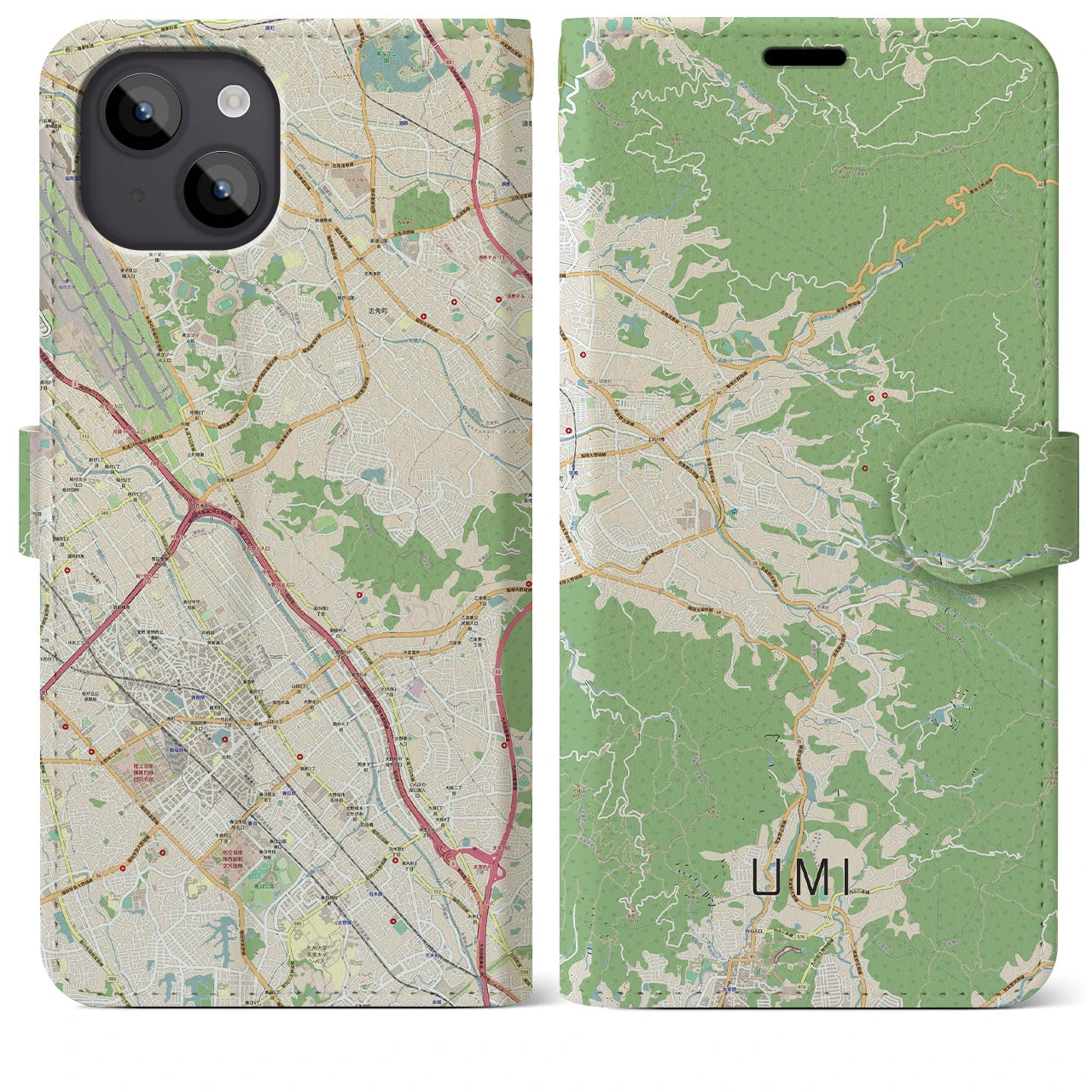 【宇美(福岡県)】地図柄iPhoneケース(手帳タイプ)ナチュラル・iPhone 14 Plus 用