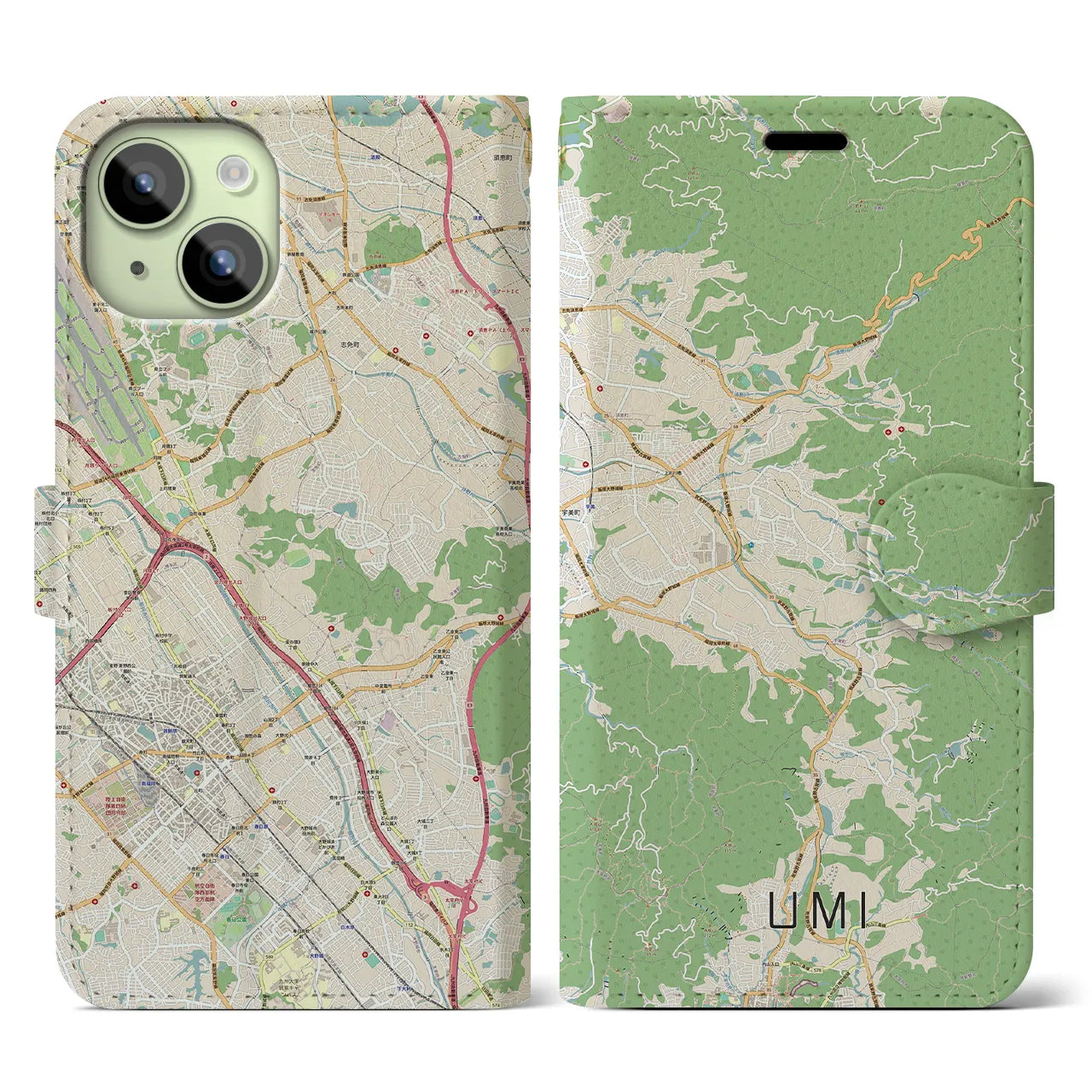 【宇美(福岡県)】地図柄iPhoneケース(手帳タイプ)ナチュラル・iPhone 15 用