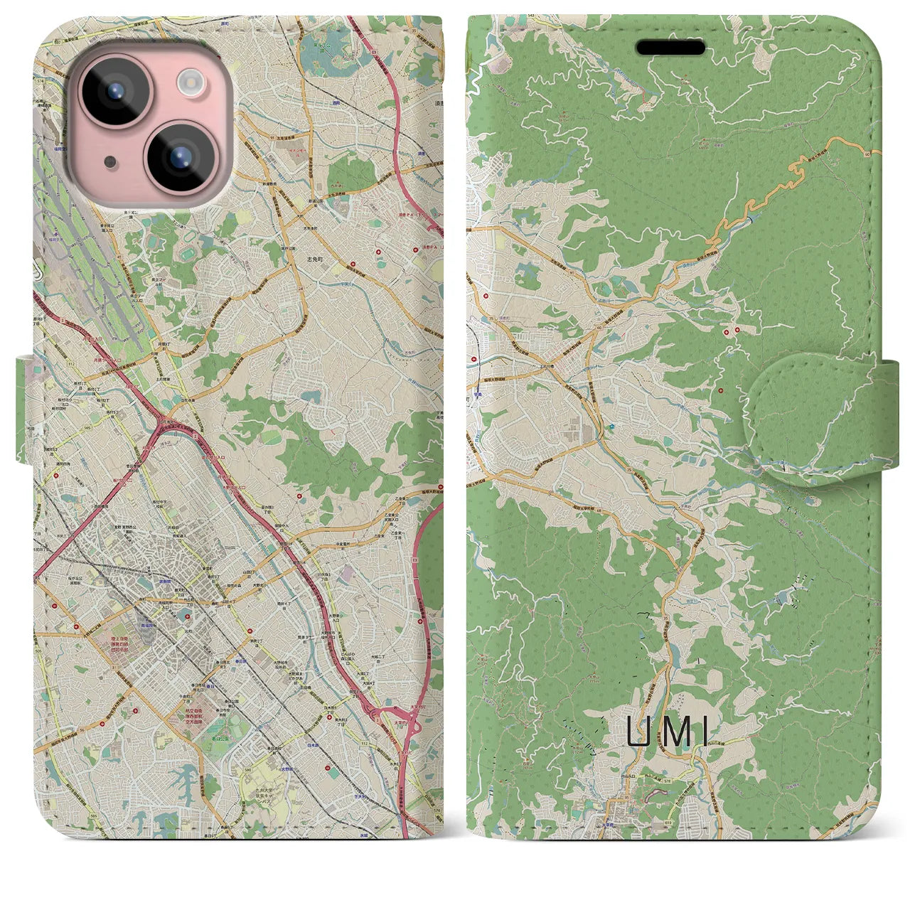 【宇美(福岡県)】地図柄iPhoneケース(手帳タイプ)ナチュラル・iPhone 15 Plus 用