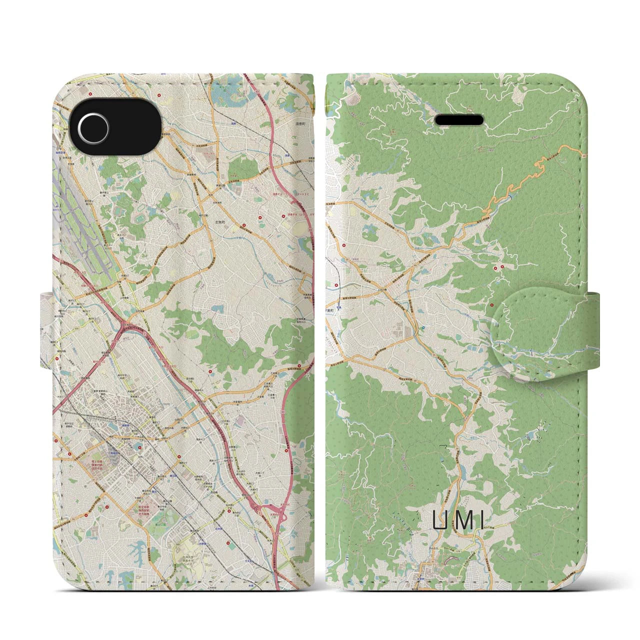 【宇美(福岡県)】地図柄iPhoneケース(手帳タイプ)ナチュラル・iPhone SE(第3 / 第2世代) / 8 / 7 / 6s / 6 用