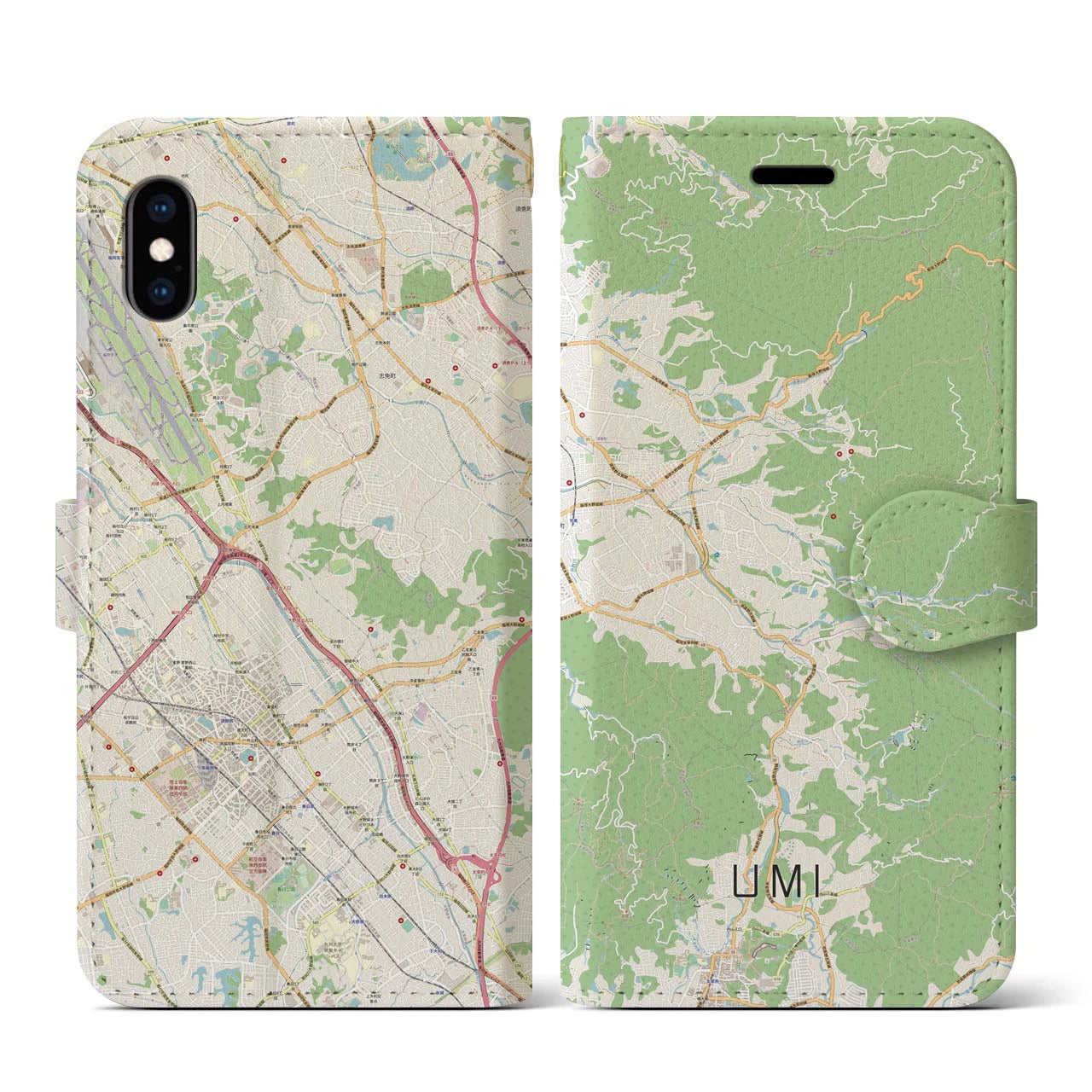【宇美(福岡県)】地図柄iPhoneケース(手帳タイプ)ナチュラル・iPhone XS / X 用