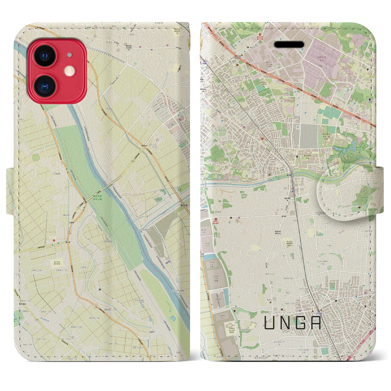 【運河(千葉県)】地図柄iPhoneケース(手帳タイプ)ナチュラル・iPhone 11 用