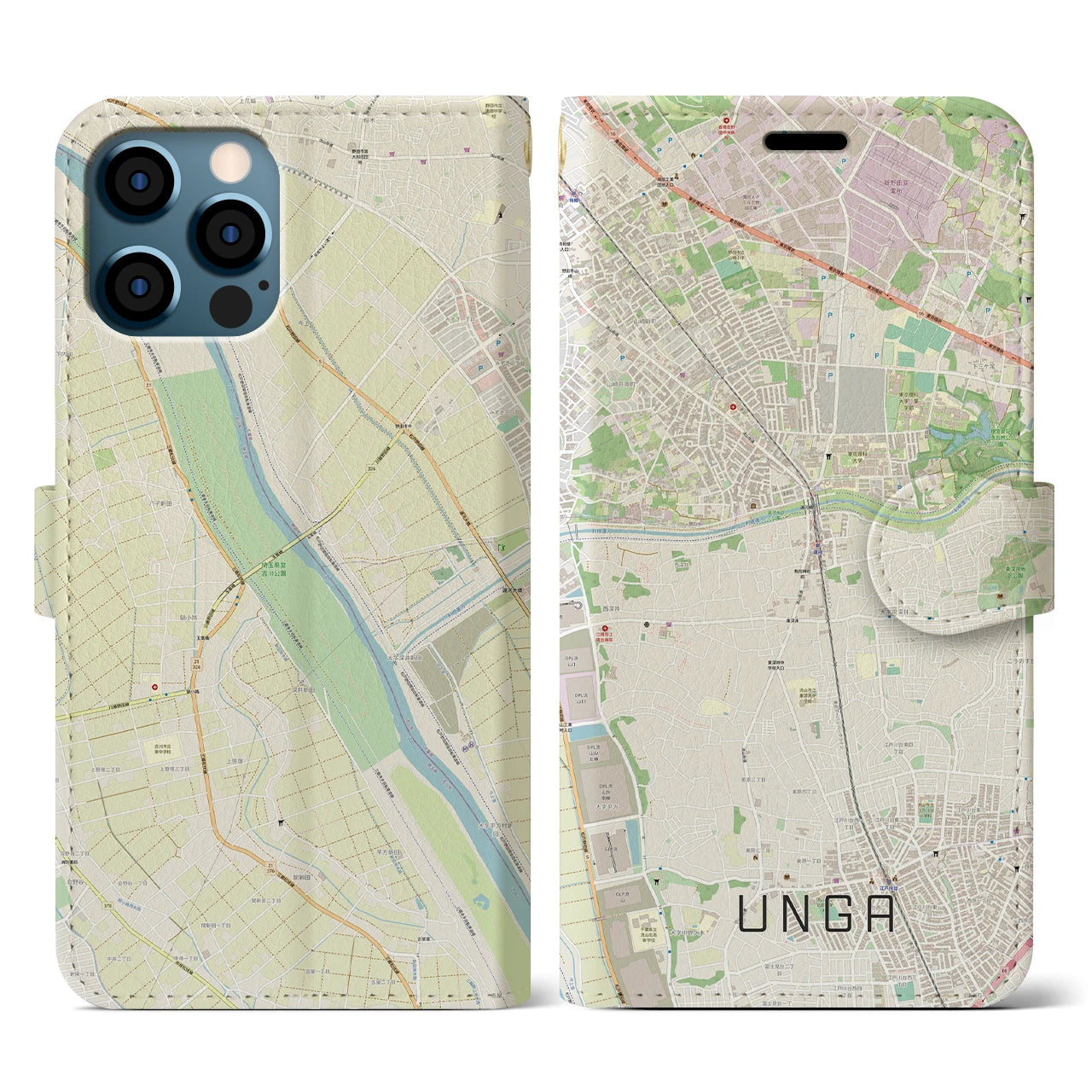 【運河(千葉県)】地図柄iPhoneケース(手帳タイプ)ナチュラル・iPhone 12 / 12 Pro 用