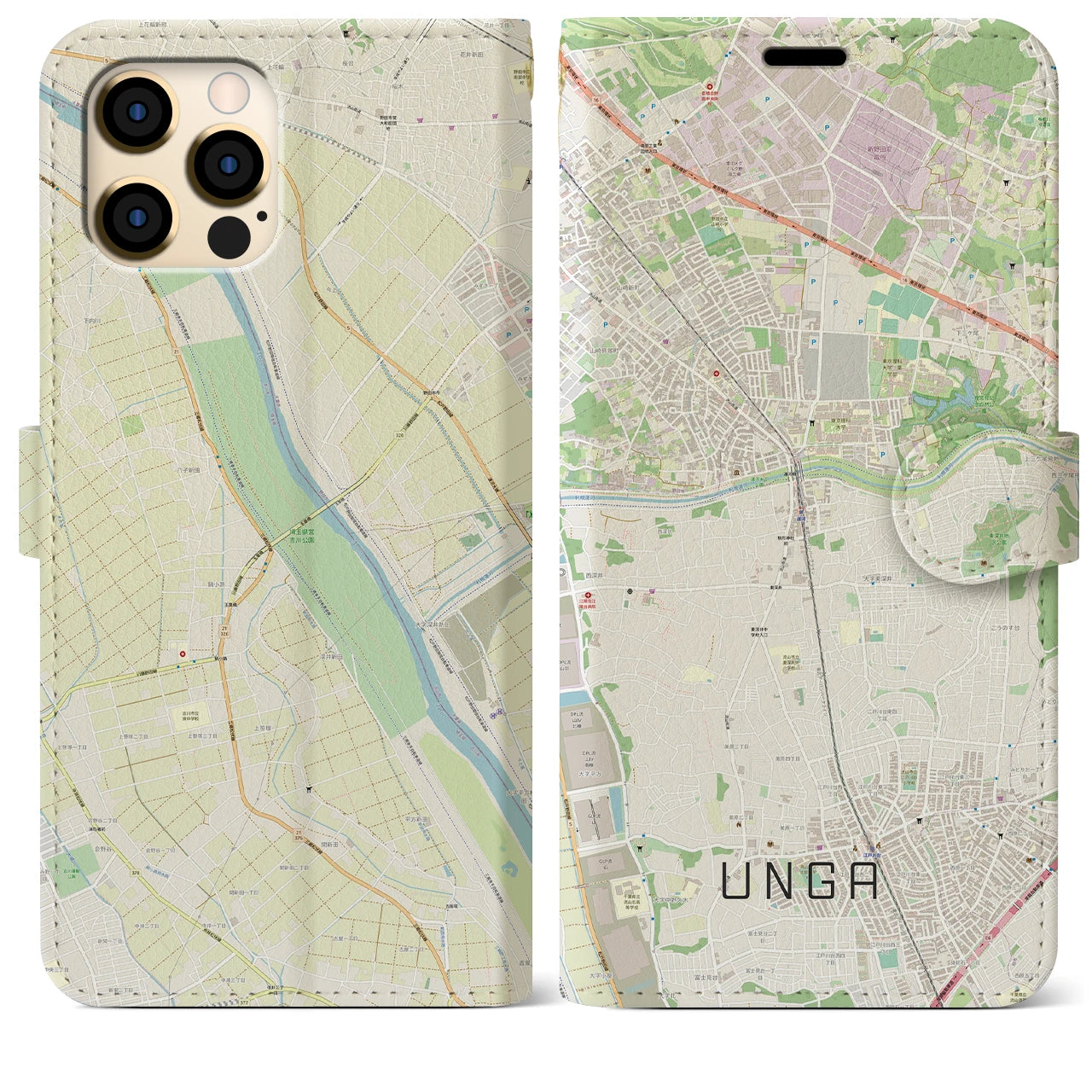 【運河(千葉県)】地図柄iPhoneケース(手帳タイプ)ナチュラル・iPhone 12 Pro Max 用