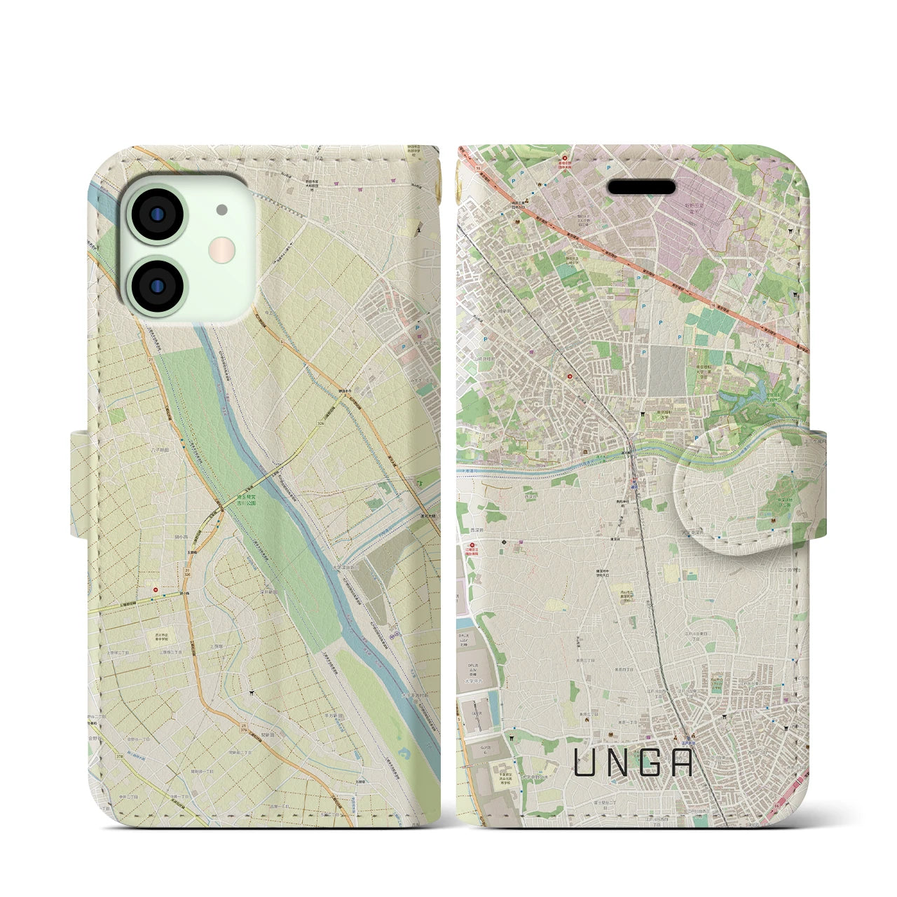 【運河(千葉県)】地図柄iPhoneケース(手帳タイプ)ナチュラル・iPhone 12 mini 用