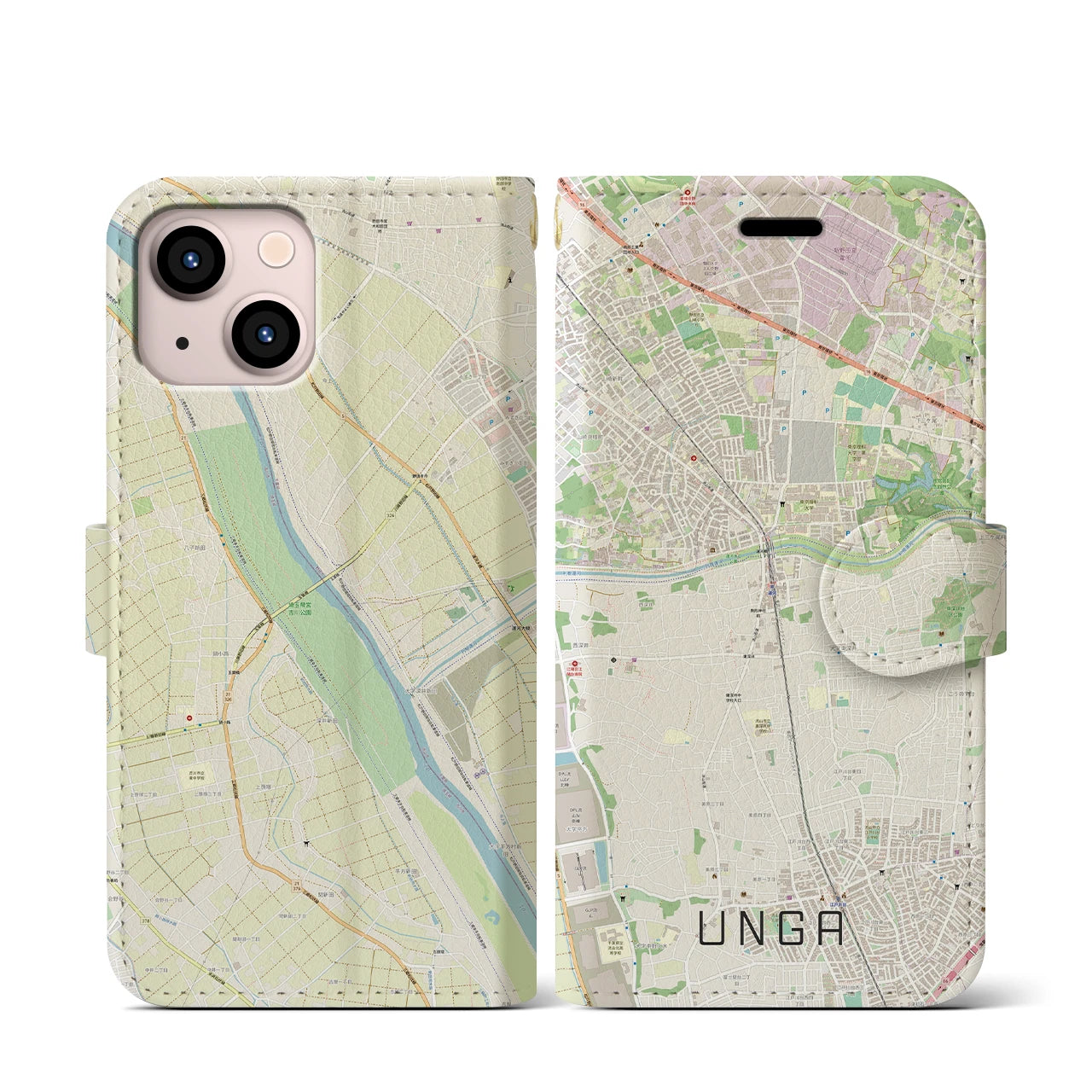 【運河(千葉県)】地図柄iPhoneケース(手帳タイプ)ナチュラル・iPhone 13 mini 用