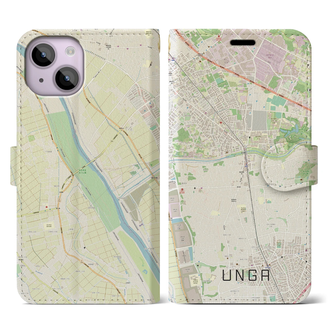 【運河(千葉県)】地図柄iPhoneケース(手帳タイプ)ナチュラル・iPhone 14 用