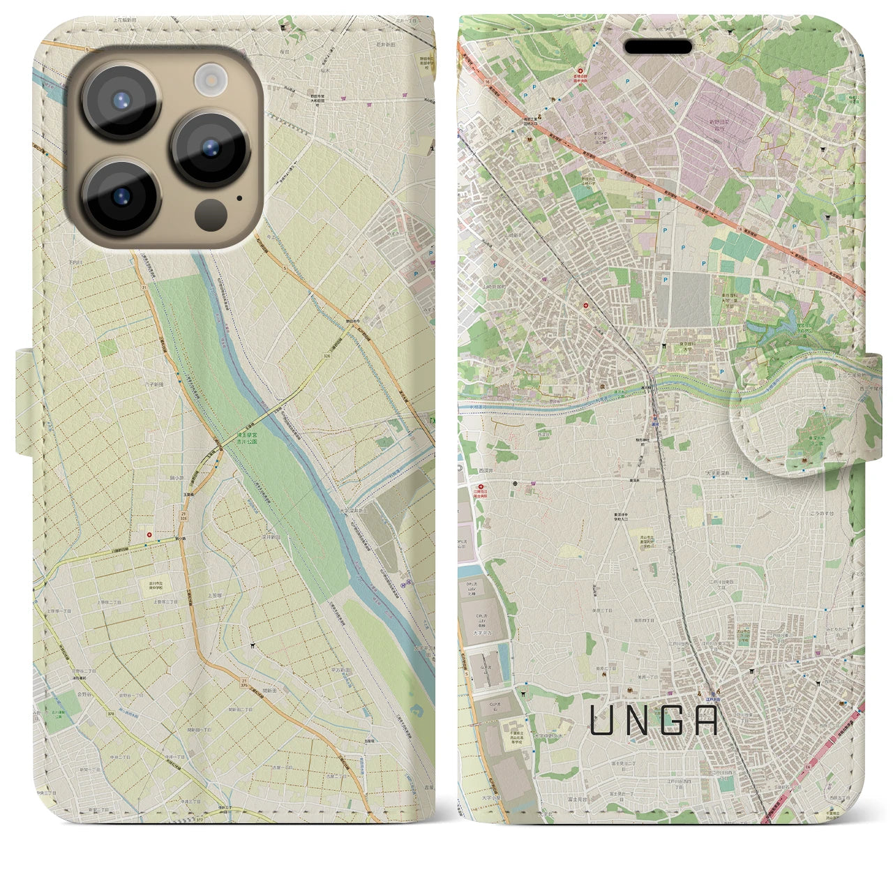 【運河(千葉県)】地図柄iPhoneケース(手帳タイプ)ナチュラル・iPhone 14 Pro Max 用