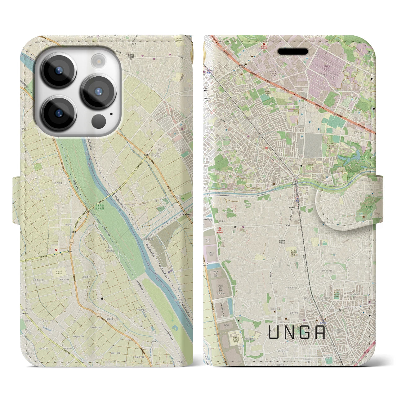 【運河(千葉県)】地図柄iPhoneケース(手帳タイプ)ナチュラル・iPhone 14 Pro 用
