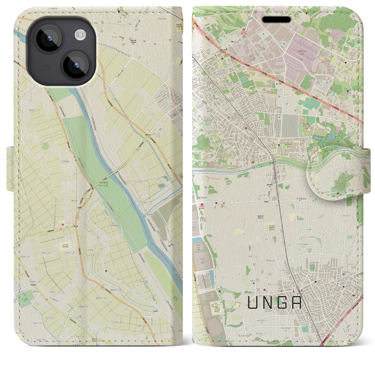 【運河(千葉県)】地図柄iPhoneケース(手帳タイプ)ナチュラル・iPhone 14 Plus 用